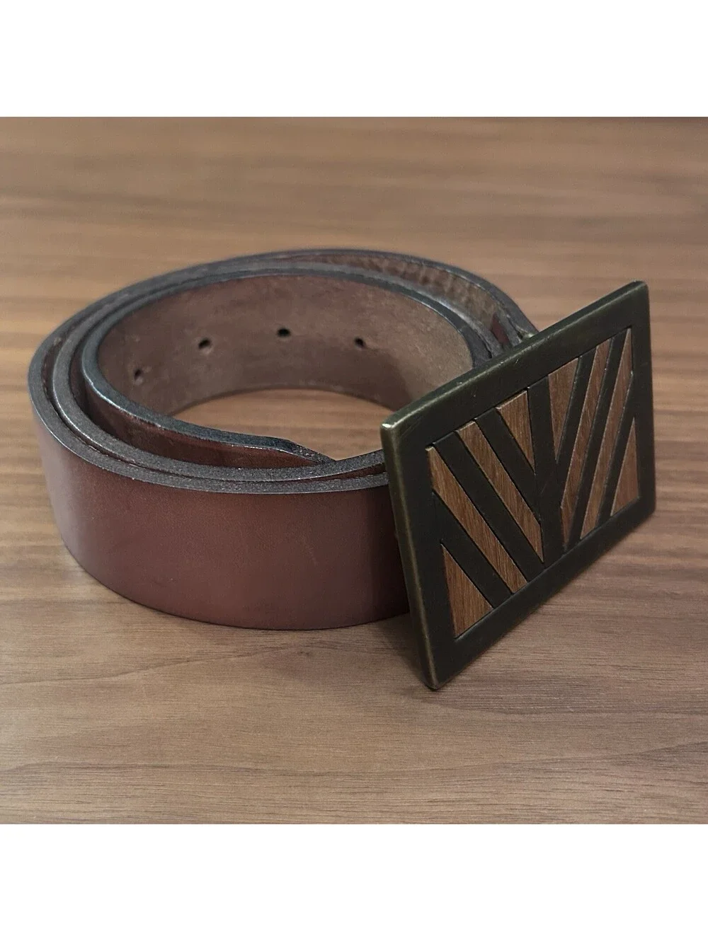 Levis Genuine Leather Belt Brown Wood Inlay Buckle Size 34/35 Rustic Style
